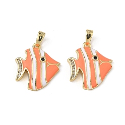 Оранжевый Латунные микро проложить кубического циркония подвески, с эмалью, очарование рыбы, реальный 18 k позолоченный, оранжевые, 18.5x16.5x3.5 мм, отверстие : 4x2.5 мм