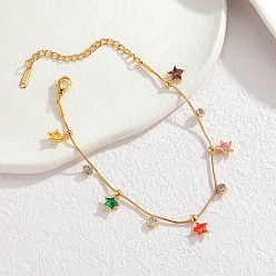 Разноцветный 304 Браслеты из нержавеющей стали с подвесками из кубического циркония для женщин, звезда и плоский круглый, золотые, красочный, 6.89 дюйм (17.5 см)