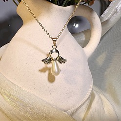 Пластиковый Подвеска-колье с ангелом из европейского искусственного жемчуга с крыльями из сплава для женщин., платина, светло-желтый, 19.69 дюйм (50 см)