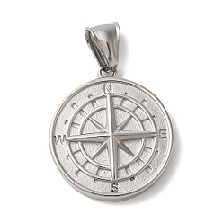 Нержавеющая Сталь Цвет Не тускнеющие 304 подвески из нержавеющей стали, плоский круглый с подвеской в виде компаса, цвет нержавеющей стали, 29x25.5x5 мм, отверстие : 8.5x4 мм