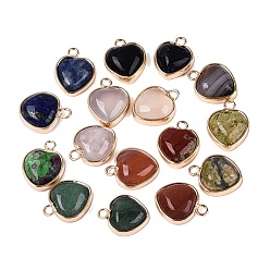 Mixed Stone Natural & Synthetic Mixed Stone Pendants, Brass Heart Bezeled Charms, Mixed Dyed and Undyed, Golden, 12.5~14x10.5~11.5x4.5~5.5mm, Hole: 1.5~1.8mm