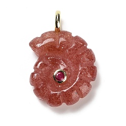 Клубничный Кварц Натуральные кварцевые подвески из клубники, подвески-ракушки с покрытием из золотистой латуни с микропаве из кубических цирконий, 32~32.5x22.5~23x9~10 мм, отверстие : 4 мм