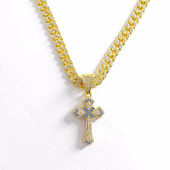 Золотой Подвеска в виде креста в стиле хип-хоп из цинкового сплава, полностью украшенная кристаллами и аквамариновыми стразами, религиозная цепочка кубинского плетения для мужчин., золотые, 19.69 дюйм (50 см)
