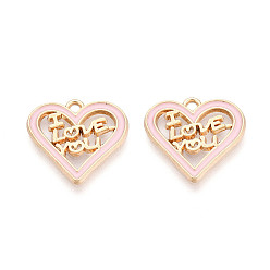 Pink Подвески из эмали и сплава, сердце со словами-подвесками, золотые, без кадмия, без никеля и без свинца, розовые, 19x20.5x1.5 мм, отверстие : 1.8 мм