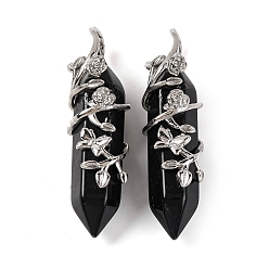 Обсидиан Подвески с двойным наконечником из натурального обсидиана, граненые подвески из латуни в цветочной обертке, платина, 50x12x15 мм, отверстие : 9x5 мм