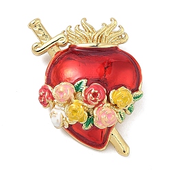 Настоящее золото 16K Латунные подвески, священное сердце с цветочными подвесками, с эмалью, реальный 16 k позолоченный, 27x18x6.5 мм, отверстие : 1.8 мм