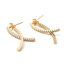 Настоящее золото 18K Прозрачные серьги-гвоздики с двойным изогнутым кубическим цирконием спереди сзади, украшения из латуни для женщин, без свинца, без кадмии и без никеля, реальный 18 k позолоченный, 31x4 мм, штифты : 0.7 мм