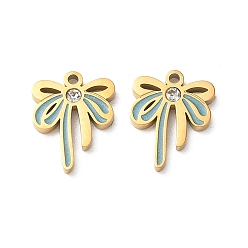 Plaqué 18K Or Véritable 304 acier inoxydable émail pendentifs, charmes bowknot, avec strass, réel 18 k plaqué or, 14x11x2mm, Trou: 1.2mm