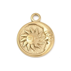 Настоящее золото 18K 304 подвески из нержавеющей стали, плоский круглый с шармом солнца и луны, реальный 18 k позолоченный, 22.5x18.5x2.5 мм, отверстие : 2.5 мм