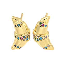 Real 18K Gold Plated Rack Plating Brass Micro Pave Cubic Zirconia Stud Earring, Cadmium Free & Lead Free, Long-Lasting Plated, Moon with Streak, Colorful, Real 18K Gold Plated, 18x9mm
