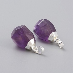 Amethyst Natural Amethyst Pendants, with Brass Bails, Faceted, Teardrop, Silver Color Plated, 19~21x12~14x11~15mm, Hole: 5x3mm