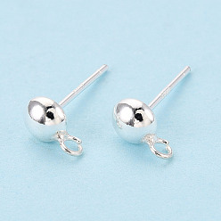 Серебро 925 Результаты серьги стерлингового серебра, полукруглый, серебряные, 7x4.5 мм, отверстия : 1.4~1.5 mm и 0.7 мм, штифты : 0.7 мм