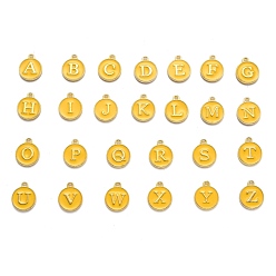 Желтый Буквица a ~ z алфавит эмалевые брелоки, плоские круглые диски двусторонние брелоки, желтые, 14x12x2 мм, отверстие : 1.5 мм, 26 шт / комплект