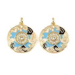 Real 18K Gold Plated Brass Micro Pave Clear Cubic Zirconia Pendants, with Sky Blue Enamel, Flat Round with Cloud Charms, Real 18K Gold Plated, 22x20x4mm, Hole: 3mm