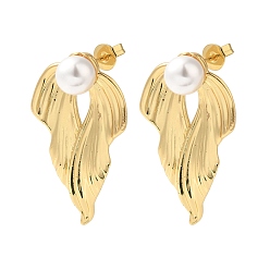 Настоящее золото 18K Серьги-гвоздики из латуни с реечным покрытием, без кадмия и без свинца, долговечный, ABS имитация жемчуга, лист, реальный 18 k позолоченный, 33.5x18.5 мм