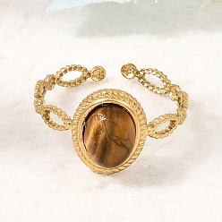 Tiger Eye 304 Stainless Steel Cuff Open Rings for Women, Oval, with Natural Tiger Eye, Ion Plating(IP), Golden, 11.5mm, Inner Diameter: 17mm