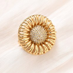 Прозрачный Регулируемые латунные кольца-манжеты с микропаве из кубического циркония для женщин, цветок, реальный 16 k позолоченный, прозрачные, 26 мм, регулируемый