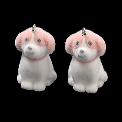 Собака Флокированные подвески из непрозрачной смолы, с платиновыми тоновыми железными петлями, очарование животных, белые, собака, 33x18x20 мм, отверстие : 2 мм