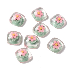 Flower Transparent Resin Cabochons, Square, Pink, Flower Pattern, 19x19x8mm