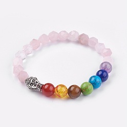 Rosenquarz Natürlichen Rosenquarz Stretch-Armbänder, mit Legierungsbuddhakopfbefunden, gemischte Stein- und Harzperlen, 2-1/8 Zoll (5.5 cm)