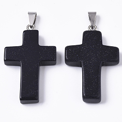 Синий Драгоценный Камень Синтетический синий авантюрин подвески, со случайной защелкой из нержавеющей стали, крестик, 44~46x27~29x6~8 мм, отверстие : 4x8 мм