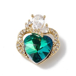 Teal Real 18K Gold Plated Rack Plating Brass Micro Pave Clear Cubic Zirconia Pendants, with Glass, Long-Lasting Plated, Cadmium Free & Lead Free, Butterfly with Heart Charm, Teal, 21x17.5x8mm, Hole: 3.5x2.5mm