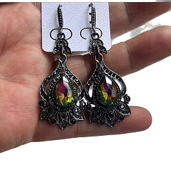 Разноцветный Серьги-подвески из цинкового сплава со стразами, со стеклом, слеза, металлический черный , красочный, 63x22 мм