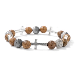 Камень Карты Натуральная карта камень стрейч браслеты, с деревянными и металлическими бусинами, Крест и плоский круглый, внутренний диаметр: 2-3/8 дюйм (6 см)