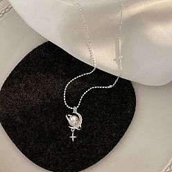 Платина Подвеска-колье из латуни с микропаве из прозрачного кубического циркония в виде планеты, луны и звезды для женщин., с имитацией жемчуга, кремово-белые, платина, 17.72 дюйм (45 см)