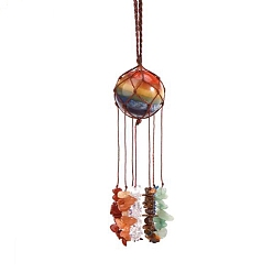 Mixed Stone Round Natural Mixed Stone Pouch Pendant Decorations, Braided Thread and Gemstone Chip Tassel Hanging Ornaments, 210x30mm