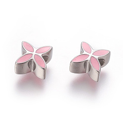 Pink 304 из нержавеющей стали бусы, с эмалью, лист, розовые, 5.6~5.7x9 мм, отверстие : 3.5 мм