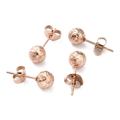 Розовое Золото Текстурированная круглая бусина с ионным покрытием (ip) 304 детали серьги-гвоздики из нержавеющей стали, с ушными гайками / серьгами и отверстием, розовое золото , 17x6 мм, штифты : 0.8 мм
