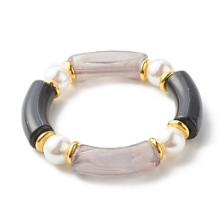 Black Chunky Acrylic Curved Tube Beads Stretch Bracelet for Teen Girl Women, Plastic Pearl Beads & Brass Beads Bracelet, Golden, Black, Inner Diameter: 2 inch(5.1cm)