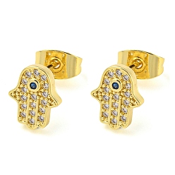 Hamsa Hand Golden Brass Micro Pave Cubic Zirconia Stud Earrings, Hamsa Hand, 9.5x8.5mm