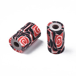 Red Handmade Polymer Clay Beads, Column with Jewelry Crafts Pattern, Red, 11x6~7.5mm, Hole: 2~3mm