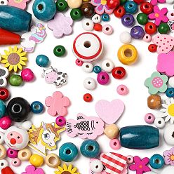 Mixed Color Wood Beads, Mixed Shapes, Dyed, Mixed Color, 6~40x5.5~40mm, Hole: 2.5~4mm