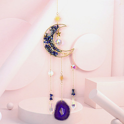 Ляпис-Лазурь Обернутая проволокой натуральная лазуритовая луна с подвесками в виде дерева жизни, стеклянный конус и ломтики натурального агата, ловцы солнца, подвесные украшения для окон с кисточками, 530~585 мм