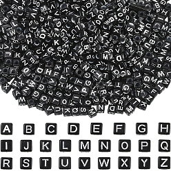 Черный 1000 непрозрачные акриловые бусины, горизонтальное отверстие, куб со случайной начальной буквой, чёрные, 6x6x6 мм, отверстие : 3.5 мм