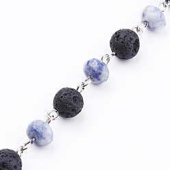 (306FM) Жонкиль матовый с лаймовой подкладкой Бусы ручной работы из натурального голубого пятна яшмы для изготовления браслетов на шею, несварные, с бусинами из вулканического камня и булавкой из платинового железа, 39.37 дюйм (1 м)