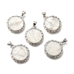 Платина Латунь с резными подвесками из натуральной ракушки, стойки покрытие, плоские круглые с феей, платина, 22x19.5x3.5 мм, отверстие : 3x4 мм