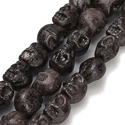 Black Vintage Handmade Porcelain Beads Strands, Skull, Fancy Antique Glazed Porcelain, Black, 7.5x6.5x7mm, Hole: 1mm, about 50pcs/strand, 15.20''(38.6cm)