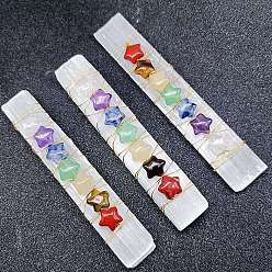 Звезда Чакра ювелирные изделия, украшения из натурального селенита, латунная проволока, обернутая украшениями из натуральных драгоценных камней, прямоугольные, звезда картины, 70~100x13~20 мм, бусины : 10 мм