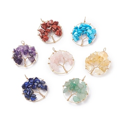 Смешанные камни 7шт 7 стили подвески из медной проволоки с драгоценными камнями, синтетических Говлит, натуральная красная яшма, авантюрин, лазурит, розовый кварц, аметист и цитрин, золотые, плоские круглые с деревом, 36.5~37.5x30x6~8.5 мм, отверстие : 3.2~3.5 мм, 1 шт / стиль