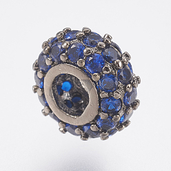 Gunmetal Brass Micro Pave Cubic Zirconia Beads, Lead Free & Cadmium Free, Rondelle, Dark Blue, Gunmetal, 8x4mm, Hole: 3mm