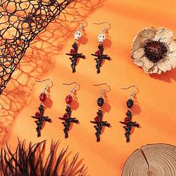 Черный 3 пары 3 цвета серьги-подвески из сплава синтетической бирюзы, окрашенные в стиле хэллоуин, с  латунными крючками для серег, крест с розой, чёрные, 75.5x23.5 мм, 1 пара / цвет