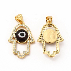 Black Rack Plating Brass Micro Pave Clear Cubic Zirconia Pendants, with Handmade Evil Eye Lampwork, Cadmium Free & Lead Free, Long-Lasting Real 18K Gold Plated, Hamsa Hand Charm, Black, 25.5x17x4mm, Hole: 5.5x3.5mm
