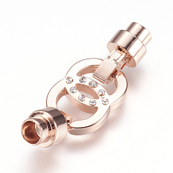 Rose Gold 304 Stainless Steel Fold Over Clasps, with Rhinestone, Rose Gold, 35x12x7mm, Hole: 4mm