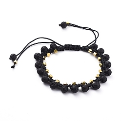 Lava Rock Natura Lava Rock Braided Bead Bracelets, Nylon Thread Square Knot Bracelet, with Brass Spacer Beads, 2-1/4 inch~3-1/4 inch(5.8~8.2cm)