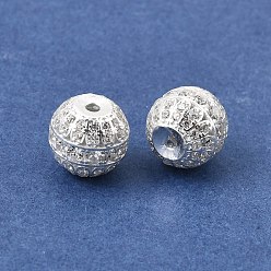 Silver 925 Sterling Silver Micro Pave Clear Cubic Zirconia Beads, Rack Plating, Long-Lasting Plated, Round, with 925 Stamp, Silver, 8.5~9mm, Hole: 1.4mm