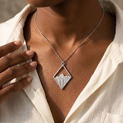 Stainless Steel Color 304 Stainless Steel Hollow Rhombus with Mountain Pendant Necklaces for Women, Tarnish Free, Stainless Steel Color, 15.75 inch(40cm)